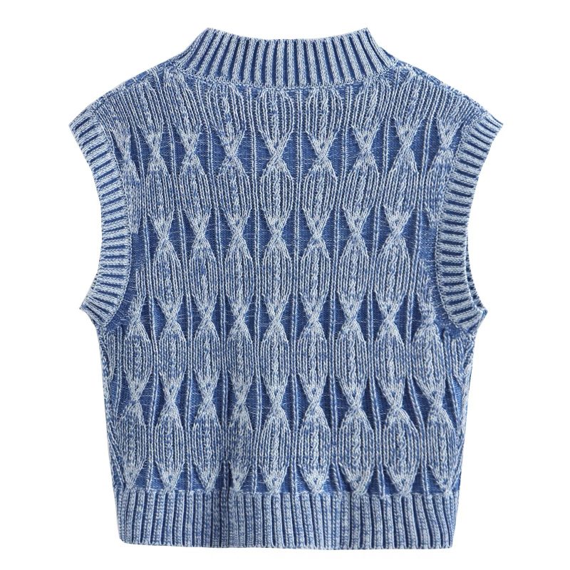 Washed Distressed Short Knitted Sweater Vest Jacket - Image 3