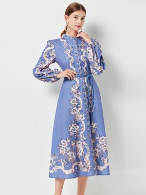 nted Belted Lantern Sleeve Dress”