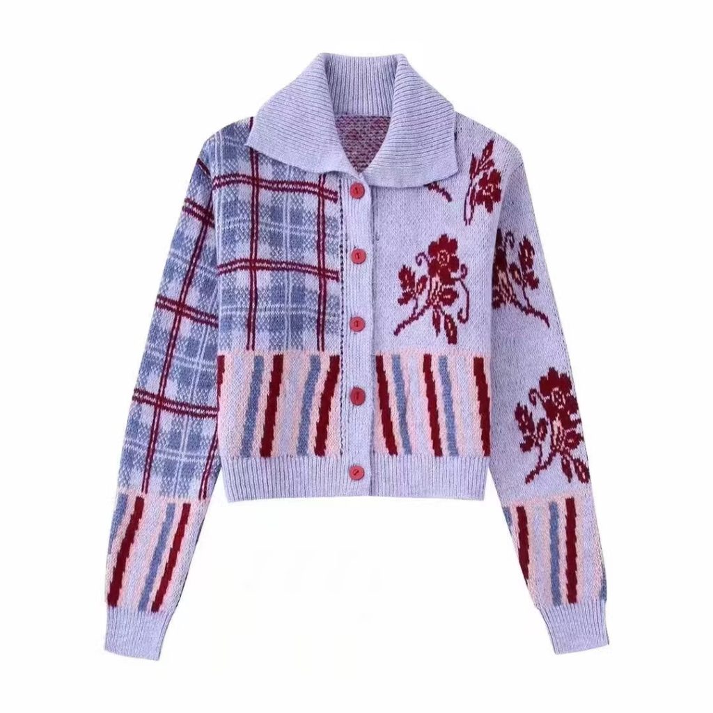 Elegant Contrast Color Jacquard Sweater Cardigan Coat - Image 2