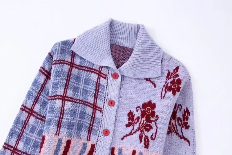 Elegant Contrast Color Jacquard Sweater Cardigan Coat - Image 3