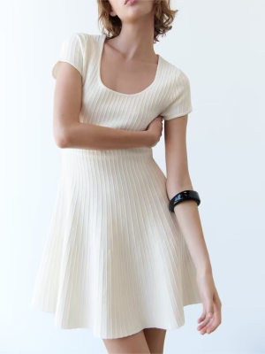 Summer French White Skating Knitted Mini Dress