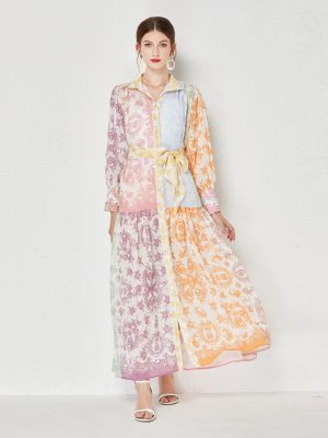 Printed Lapel Long Dress