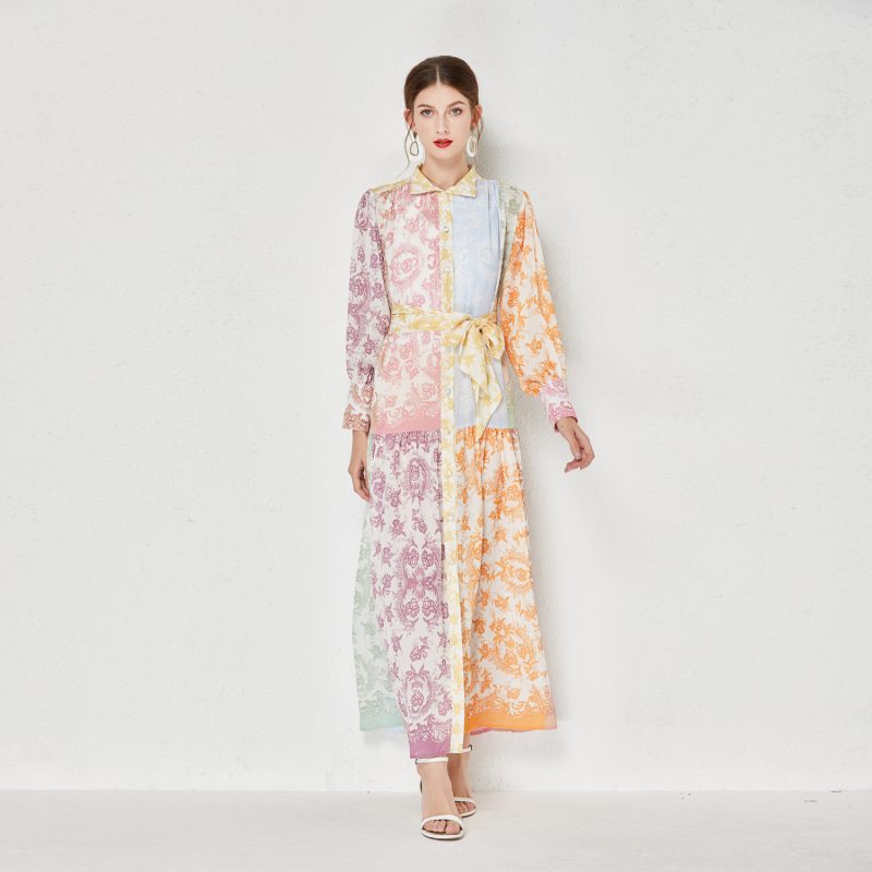 Printed Lapel Long Dress - Image 2