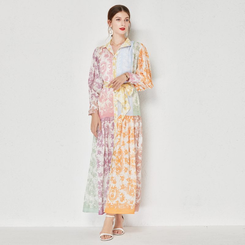 Printed Lapel Long Dress - Image 3