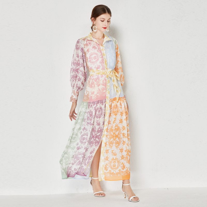 Printed Lapel Long Dress - Image 4