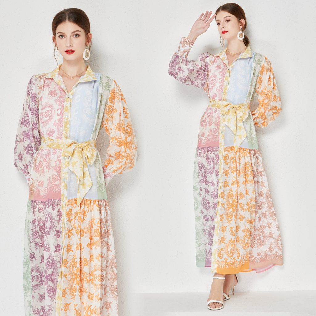 Printed Lapel Long Dress - Image 6