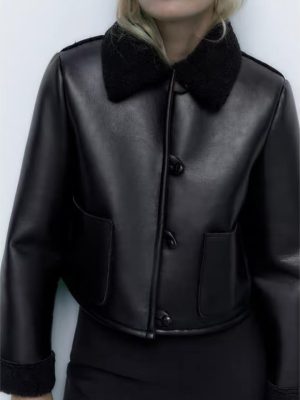 Chic Black Leather Ring Loop Short Coat