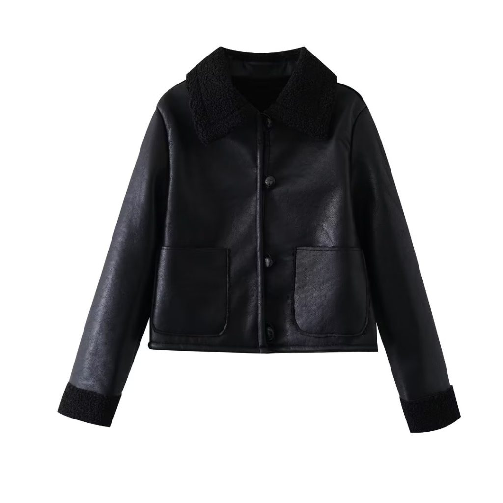 Chic Black Leather Ring Loop Short Coat - Image 2