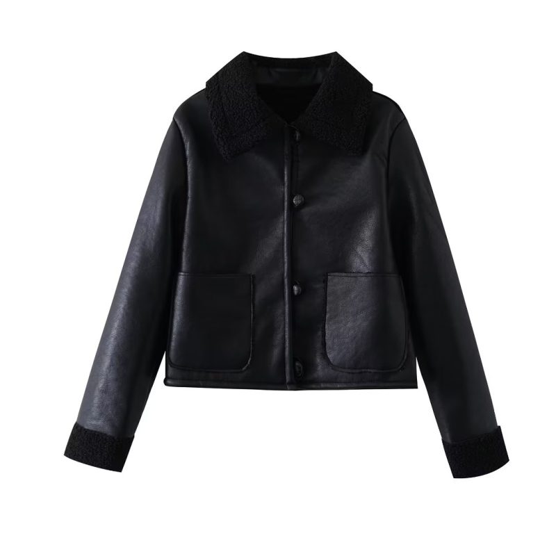 Chic Black Leather Ring Loop Short Coat - Image 2