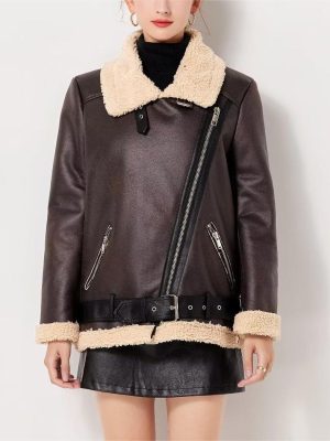 Women’s Large Collared Faux Shearling Locomotive Coat