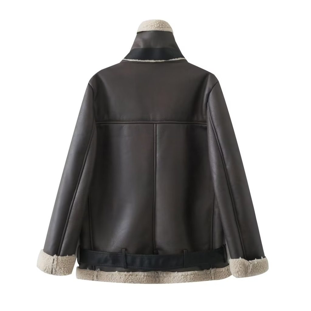 Women's Large Collared Faux Shearling Locomotive Coat - Image 4