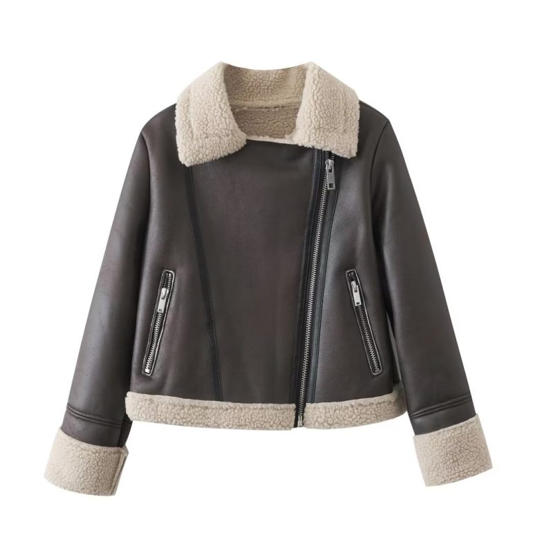 Women's Brown Short Faux Leather Jacket - Image 2