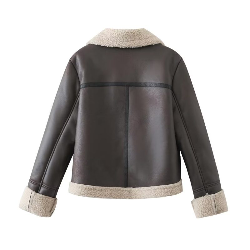Women's Brown Short Faux Leather Jacket - Image 3