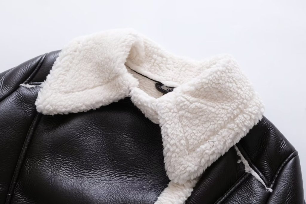 French Short Black Leather Jacket with White Fur Trim - Image 3