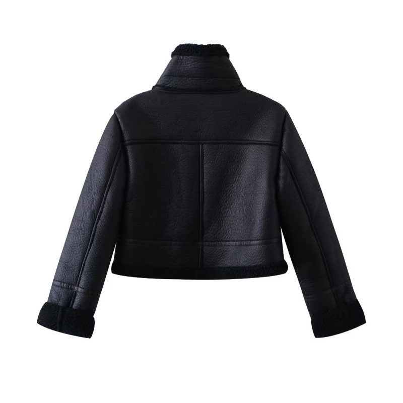 Black Thermal Leather Short Coat - Image 2