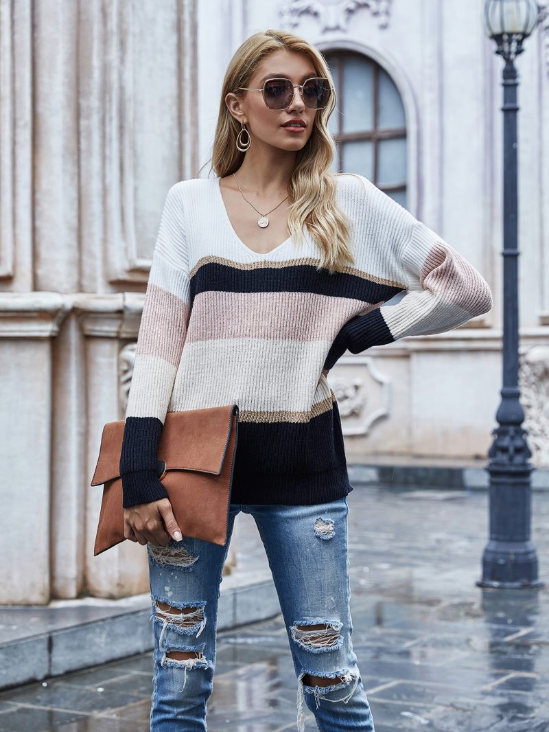 Striped V-Neck Pullover Sweater - Image 7