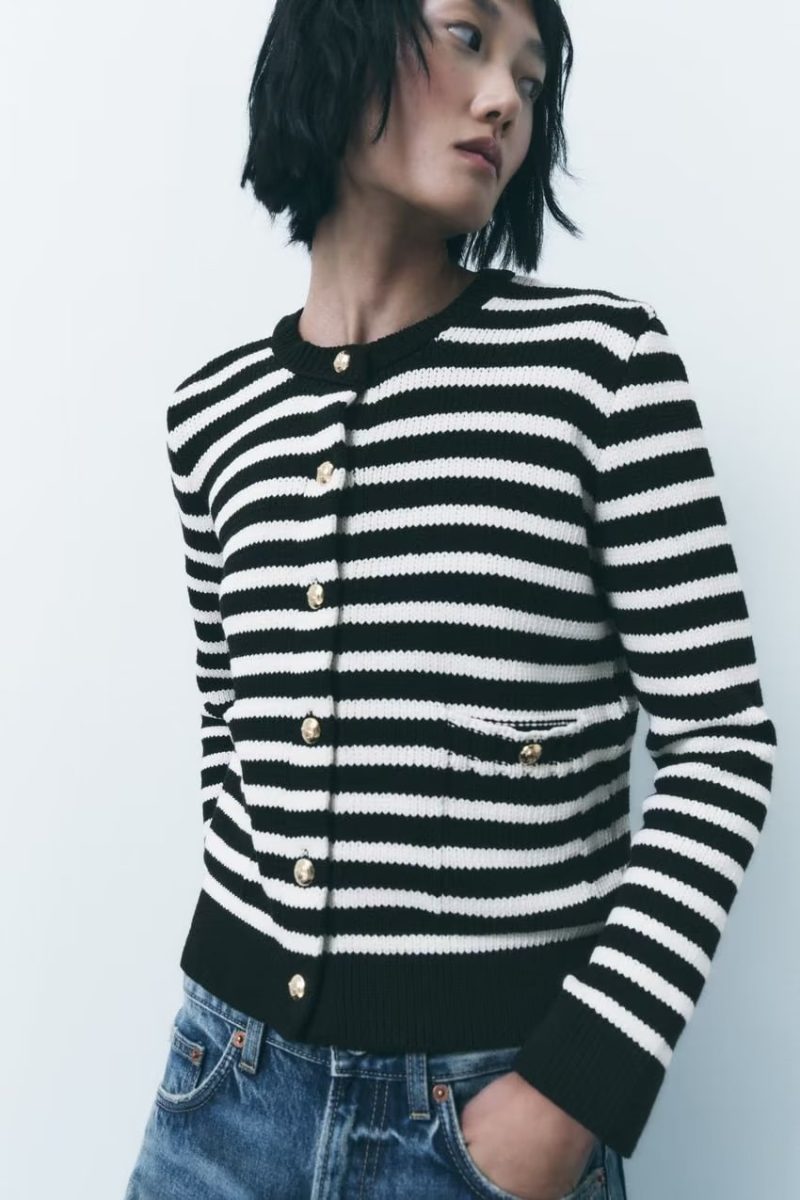 Striped Long Sleeve Knit Coat - Women's Fall Fashion - Image 2