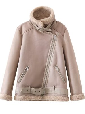 Explosion Board Faux Shearling Motorcycle Jacket for Women