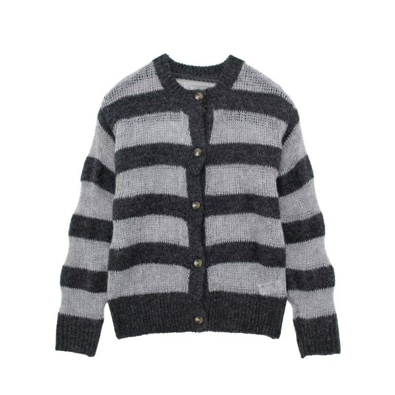 Gray Striped Knit Cardigan - Autumn Long Sleeve - Image 2