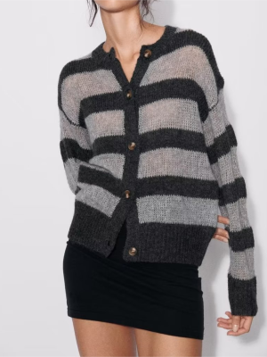 Gray Striped Knit Cardigan – Autumn Long Sleeve