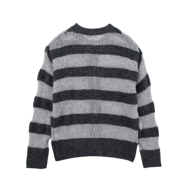 Gray Striped Knit Cardigan - Autumn Long Sleeve - Image 3