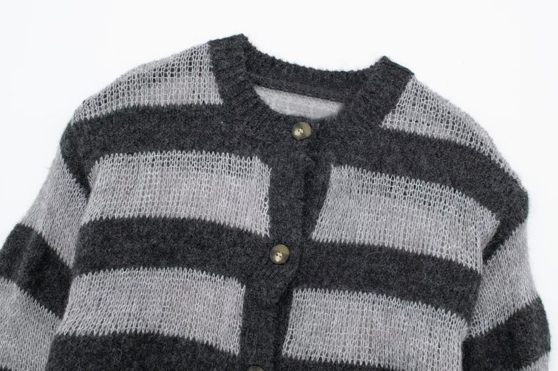Gray Striped Knit Cardigan - Autumn Long Sleeve - Image 4