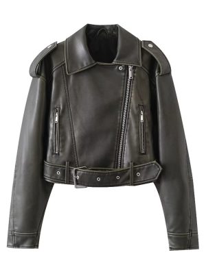 Edgy Faux Leather Jacket: Oblique Zip Polo Collar