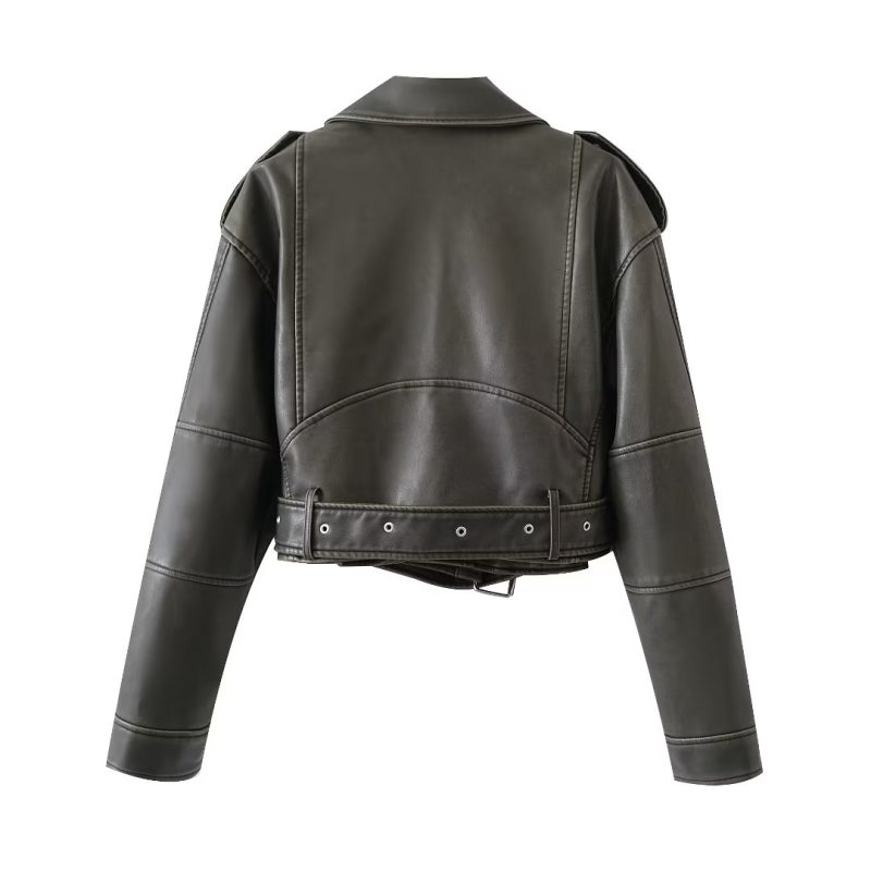 Edgy Faux Leather Jacket: Oblique Zip Polo Collar - Image 2