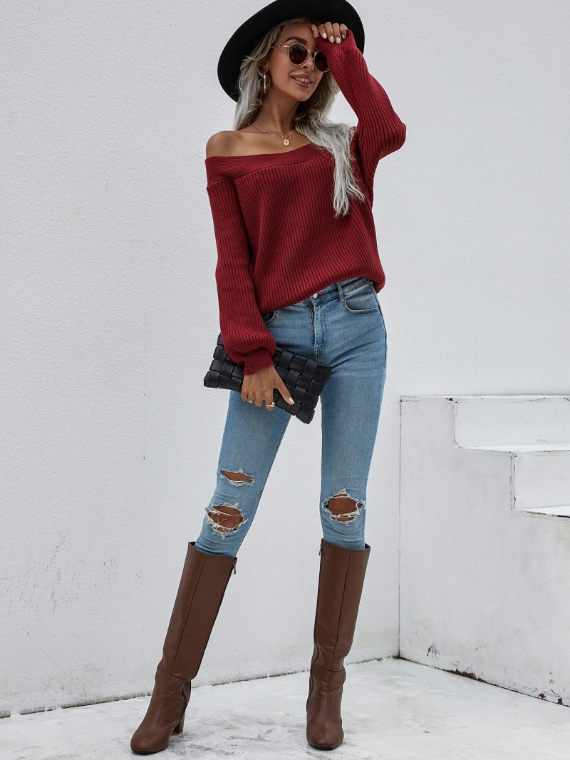 Off-Shoulder Solid Color Sweater | Autumn Winter Loose Fit - Image 5