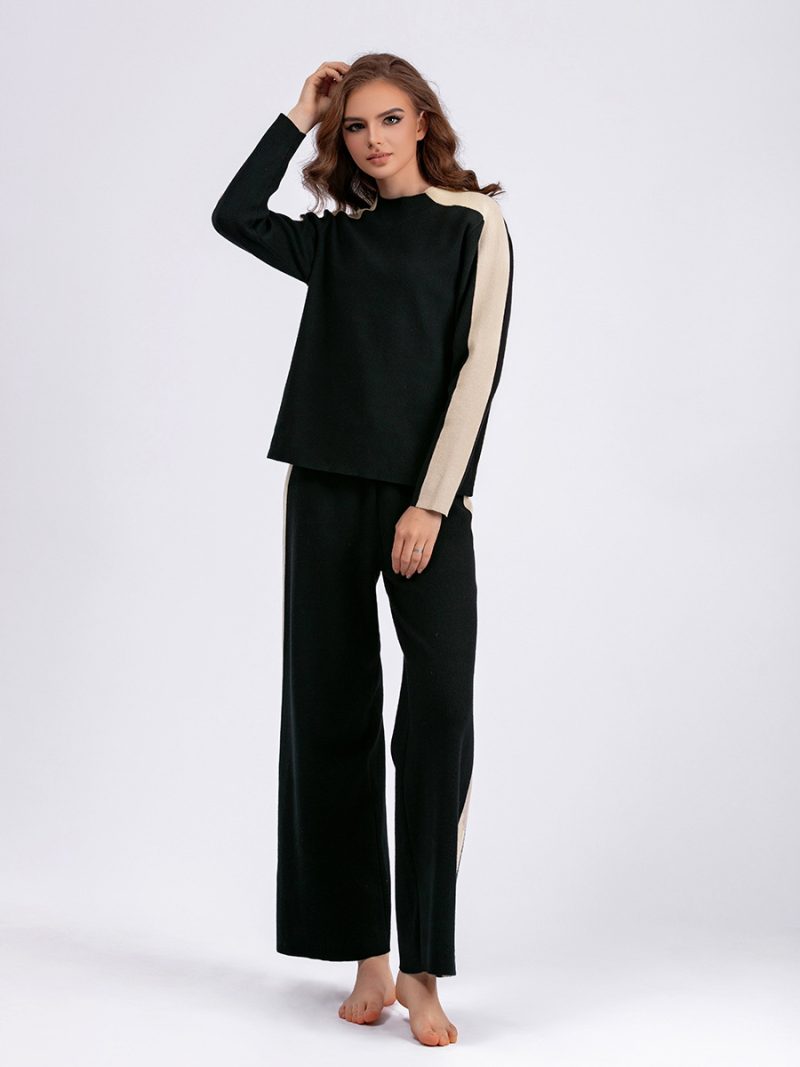Color Contrast Neck Sweater Suit: Winter Chic - Image 4