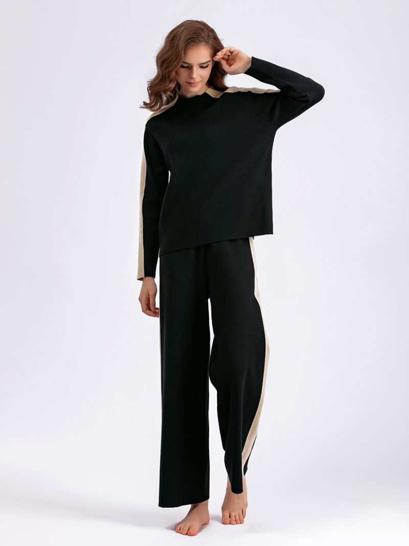 Color Contrast Neck Sweater Suit: Winter Chic - Image 5