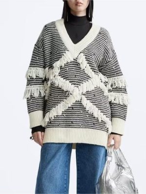 Tassel Jacquard V-Neck Sweater