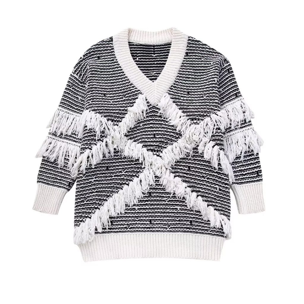 Tassel Jacquard V-Neck Sweater - Image 3