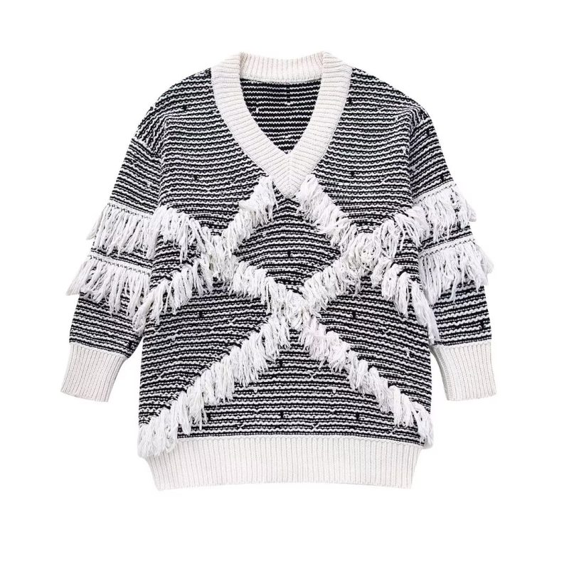 Tassel Jacquard V-Neck Sweater - Image 3