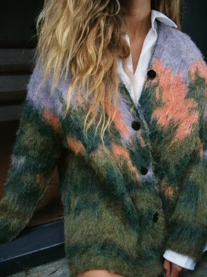 Landscape Pattern Knitted Coat – Fall V-Neck Style