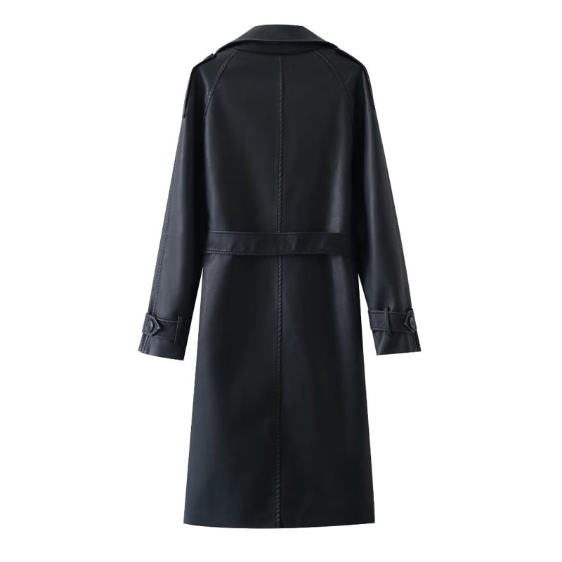 French Collared Slim Leather Coat: Autumn Elegance - Image 2