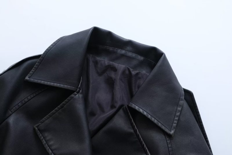 French Collared Slim Leather Coat: Autumn Elegance - Image 3