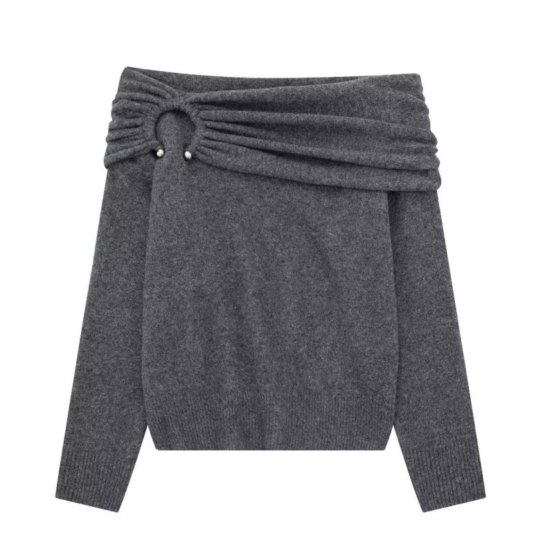 Off-Shoulder Pleated Sweater - Fall Fashion Elegance - Image 2