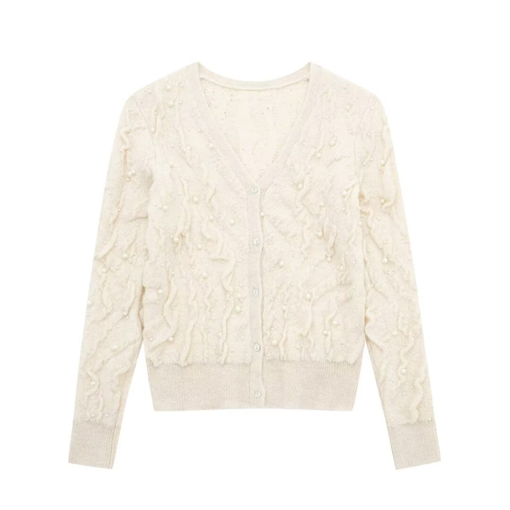 Pearl-Decorated White Knit Cardigan - Autumn/Winter - Image 4