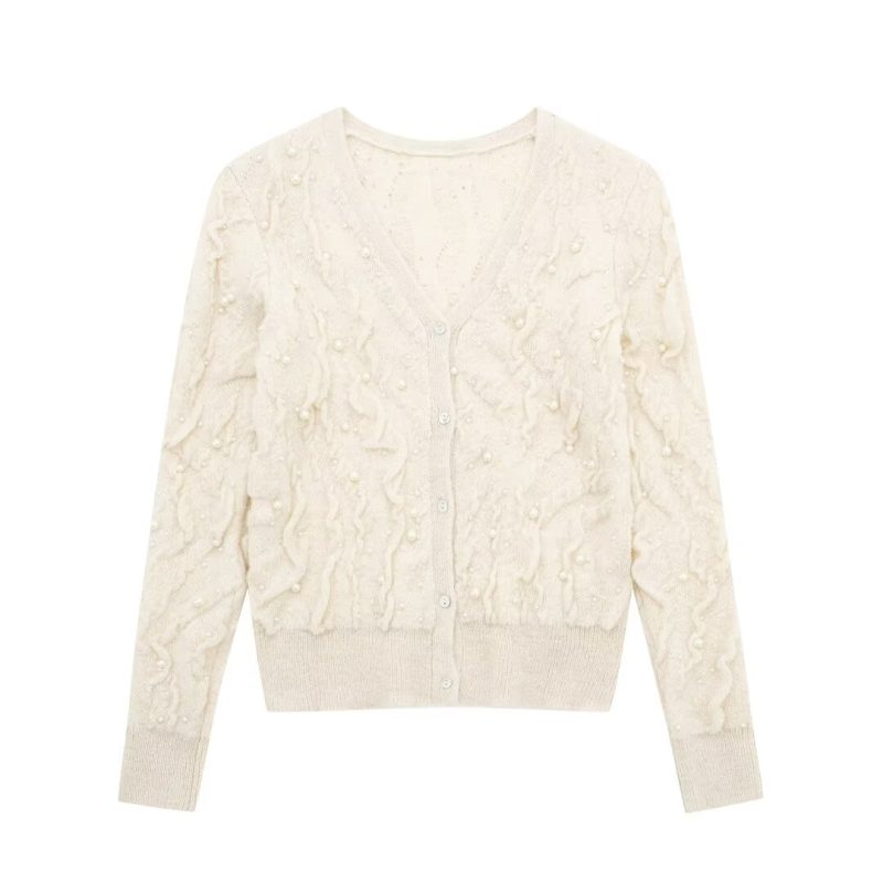 Pearl-Decorated White Knit Cardigan - Autumn/Winter - Image 4