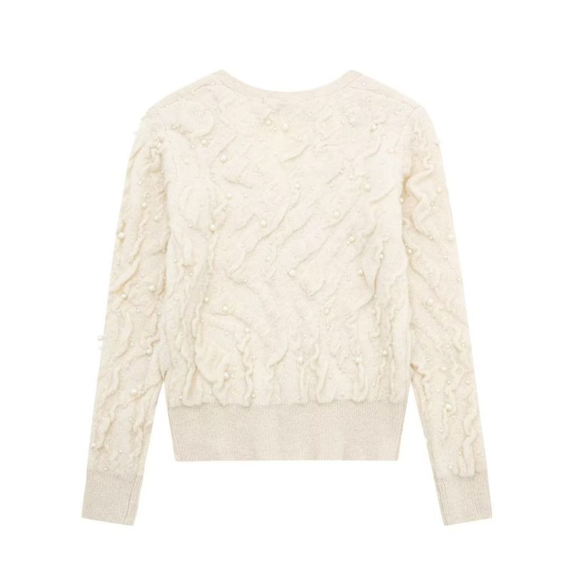 Pearl-Decorated White Knit Cardigan - Autumn/Winter - Image 5
