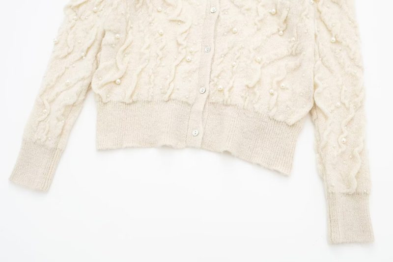 Pearl-Decorated White Knit Cardigan - Autumn/Winter - Image 6