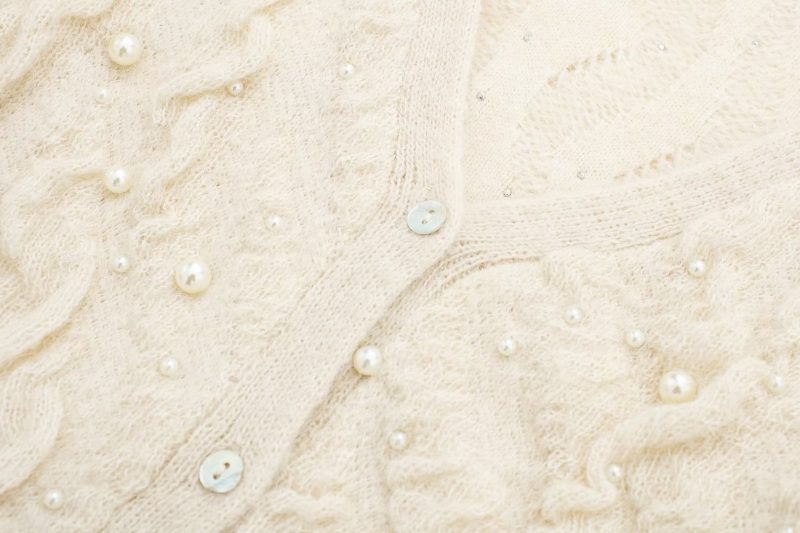 Pearl-Decorated White Knit Cardigan - Autumn/Winter - Image 8