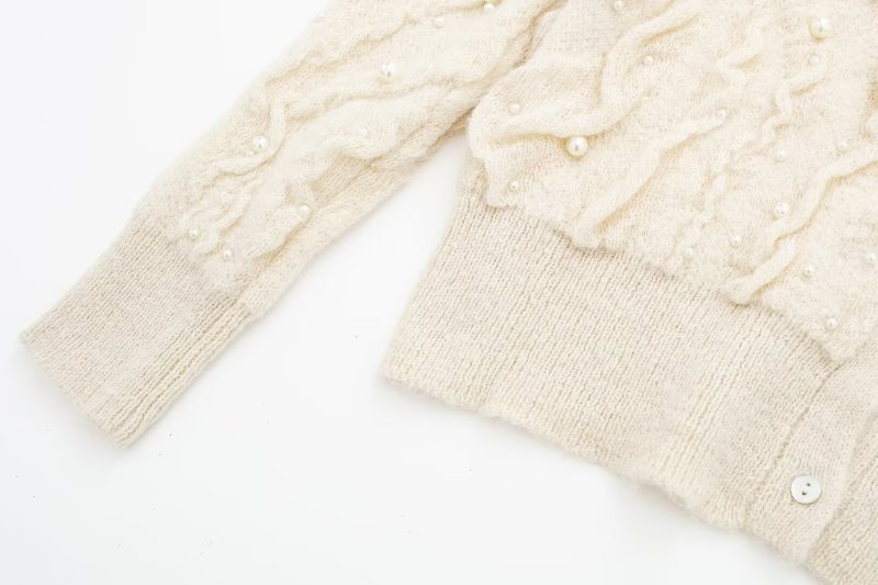 Pearl-Decorated White Knit Cardigan - Autumn/Winter - Image 10