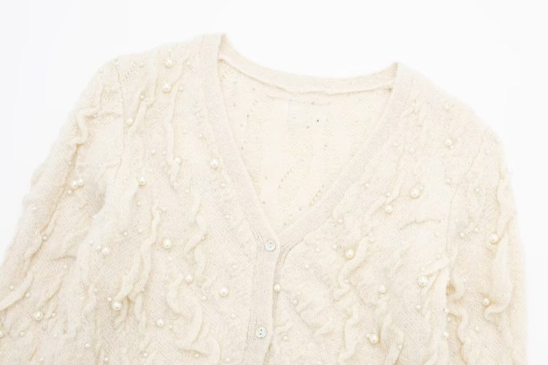 Pearl-Decorated White Knit Cardigan - Autumn/Winter - Image 13