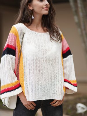 Popular Loose Patchwork Rainbow Sweater | Autumn Winter Top