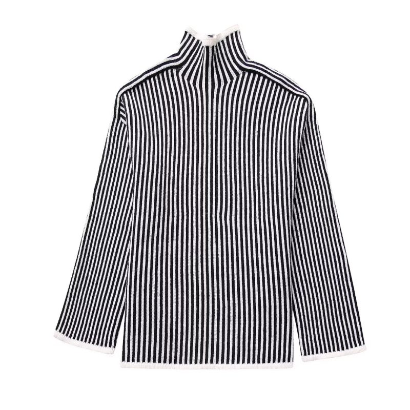 Contrast Color Striped Turtleneck Sweater - Image 2
