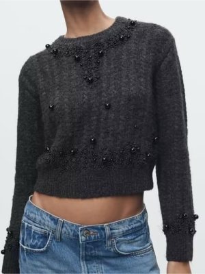 Pearl-Decorated Texture Sweater