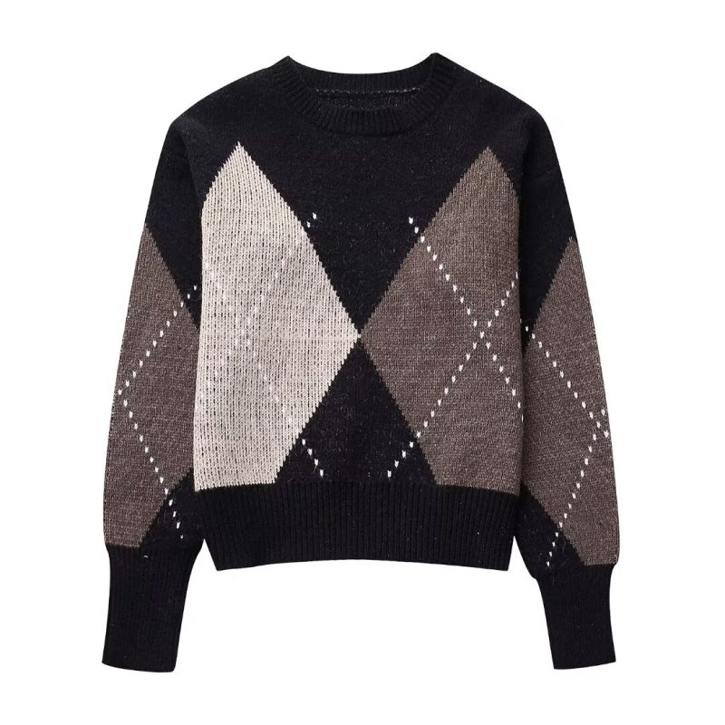 Winter Women Clothing round Neck Diamond Contrast Color All Matching Pullover Knitted Wool - Image 2