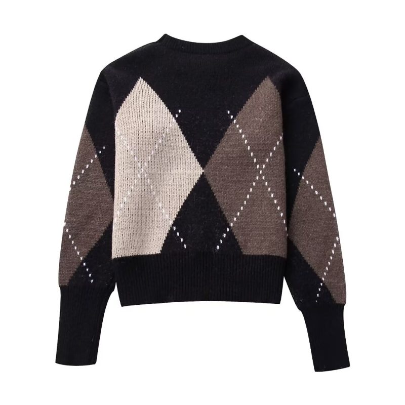 Winter Women Clothing round Neck Diamond Contrast Color All Matching Pullover Knitted Wool - Image 3